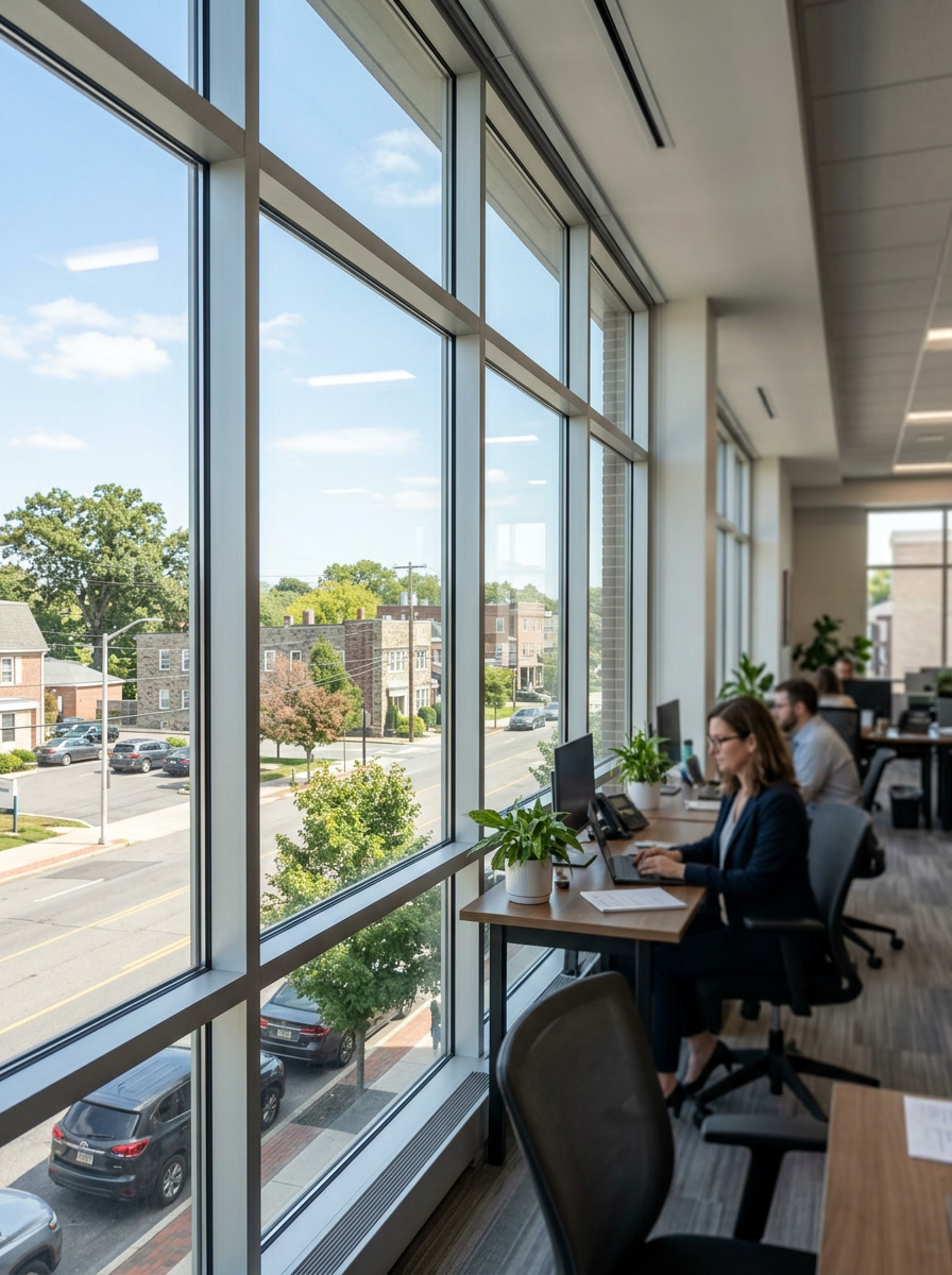 LLumar solar control window film on an Upper Darby commercial building — glare and heat rejection