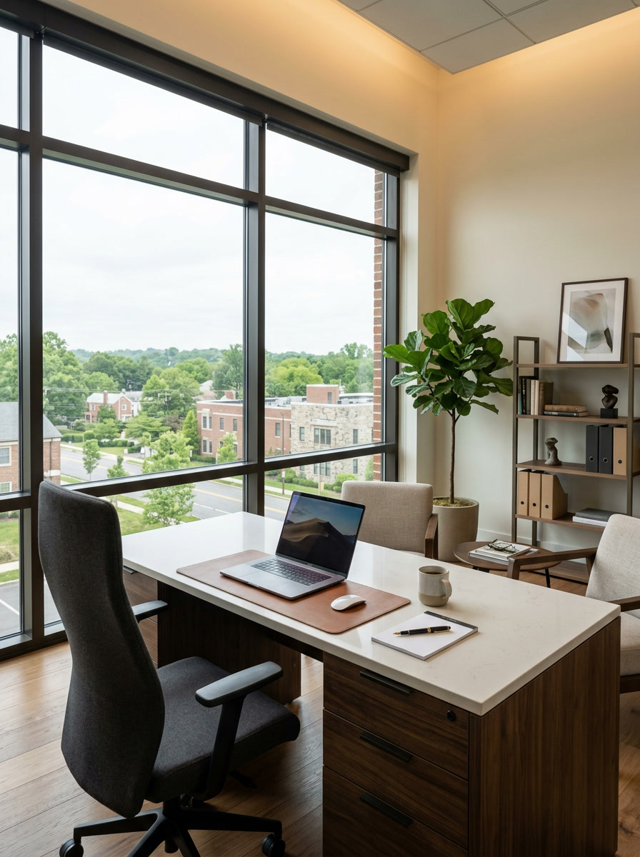 Executive office interior with Madico optically clear safety window film