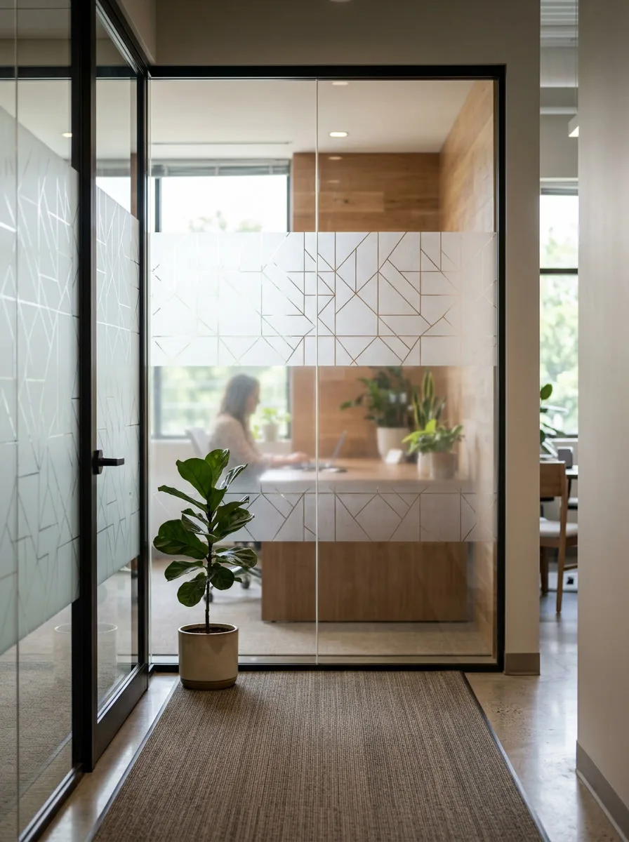Elegant decorative frosted glass film in an Upper Darby professional office lobby