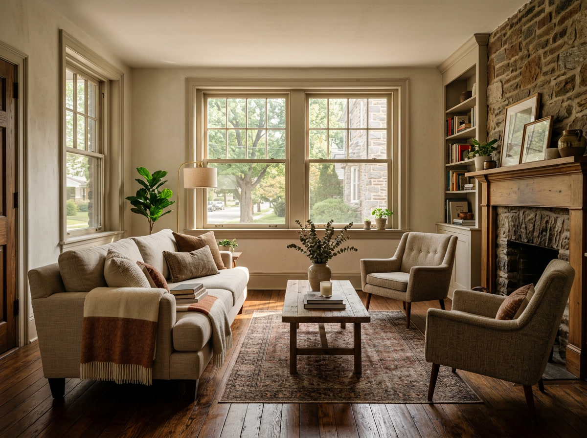 Bright Upper Darby twin-home living room with large windows — window film keeps the interior comfortable year-round