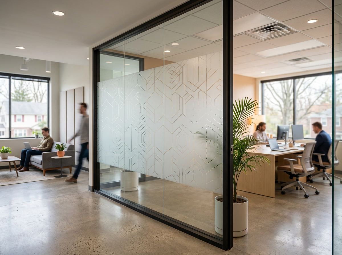 Decorative frosted glass pattern on a partition wall in an Upper Darby professional office or lobby
