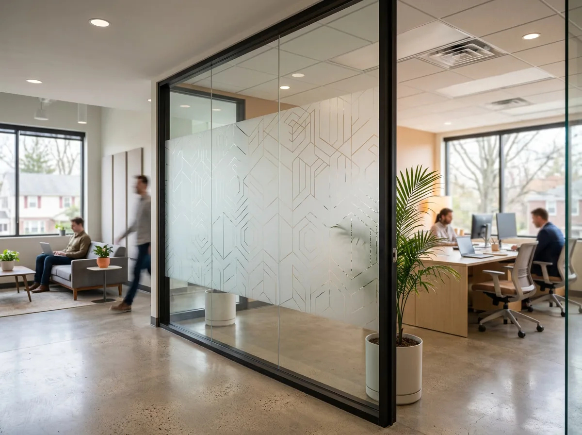 Decorative frosted glass pattern on a partition wall in an Upper Darby professional office or lobby
