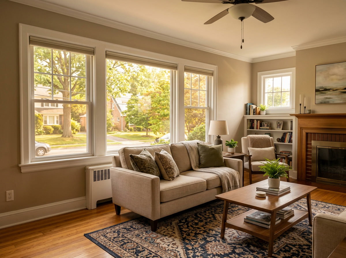 Energy-saving window film in a Drexel Hill twin home living room — natural light preserved, summer heat reduced