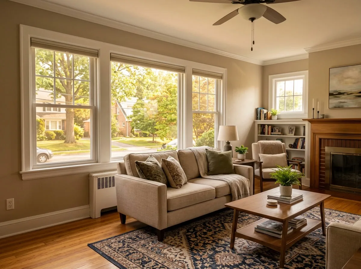 Energy-saving window film in a Drexel Hill twin home living room — natural light preserved, summer heat reduced