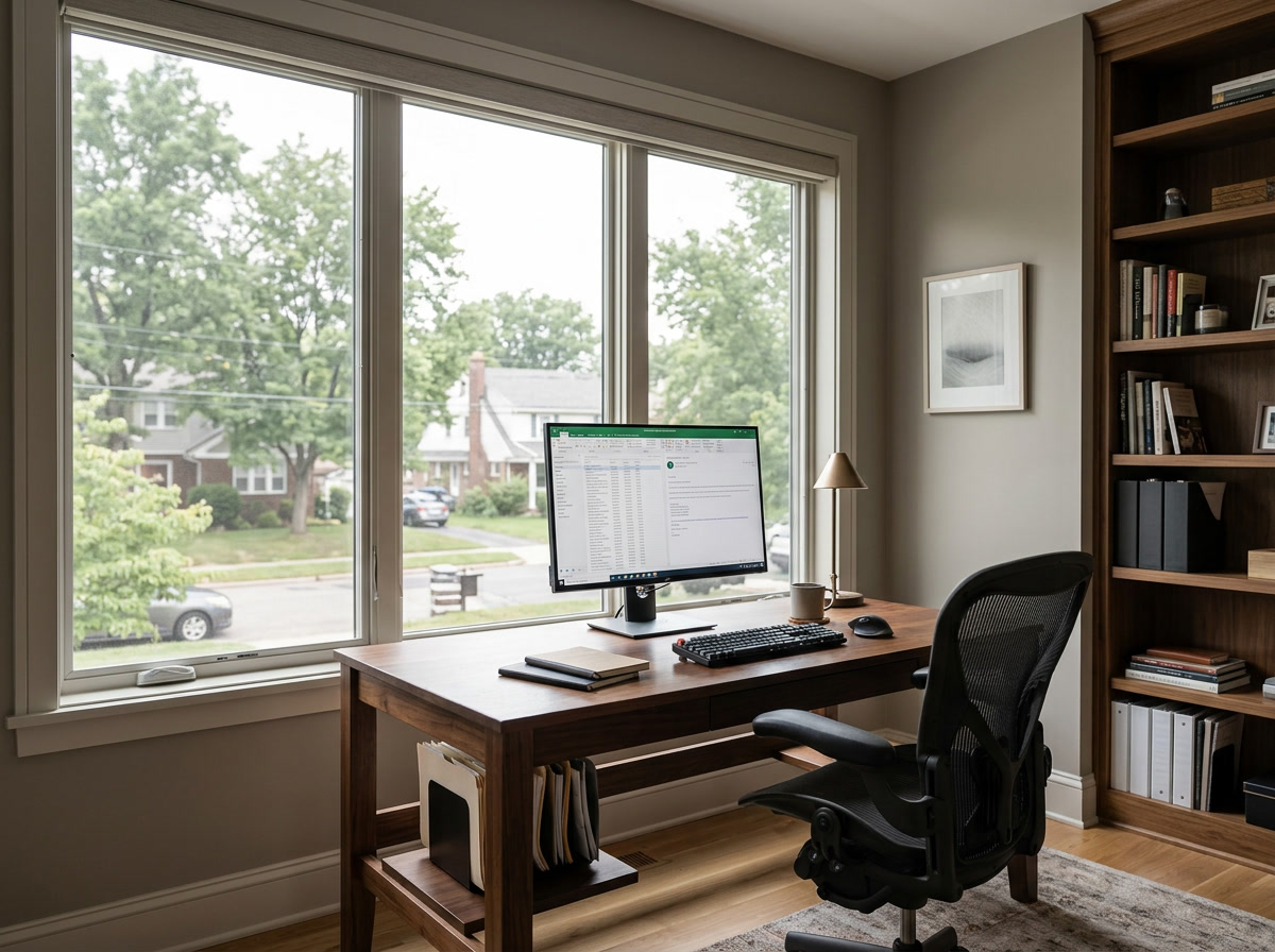 Upper Darby home-office setup near a window with no screen glare after window film installation