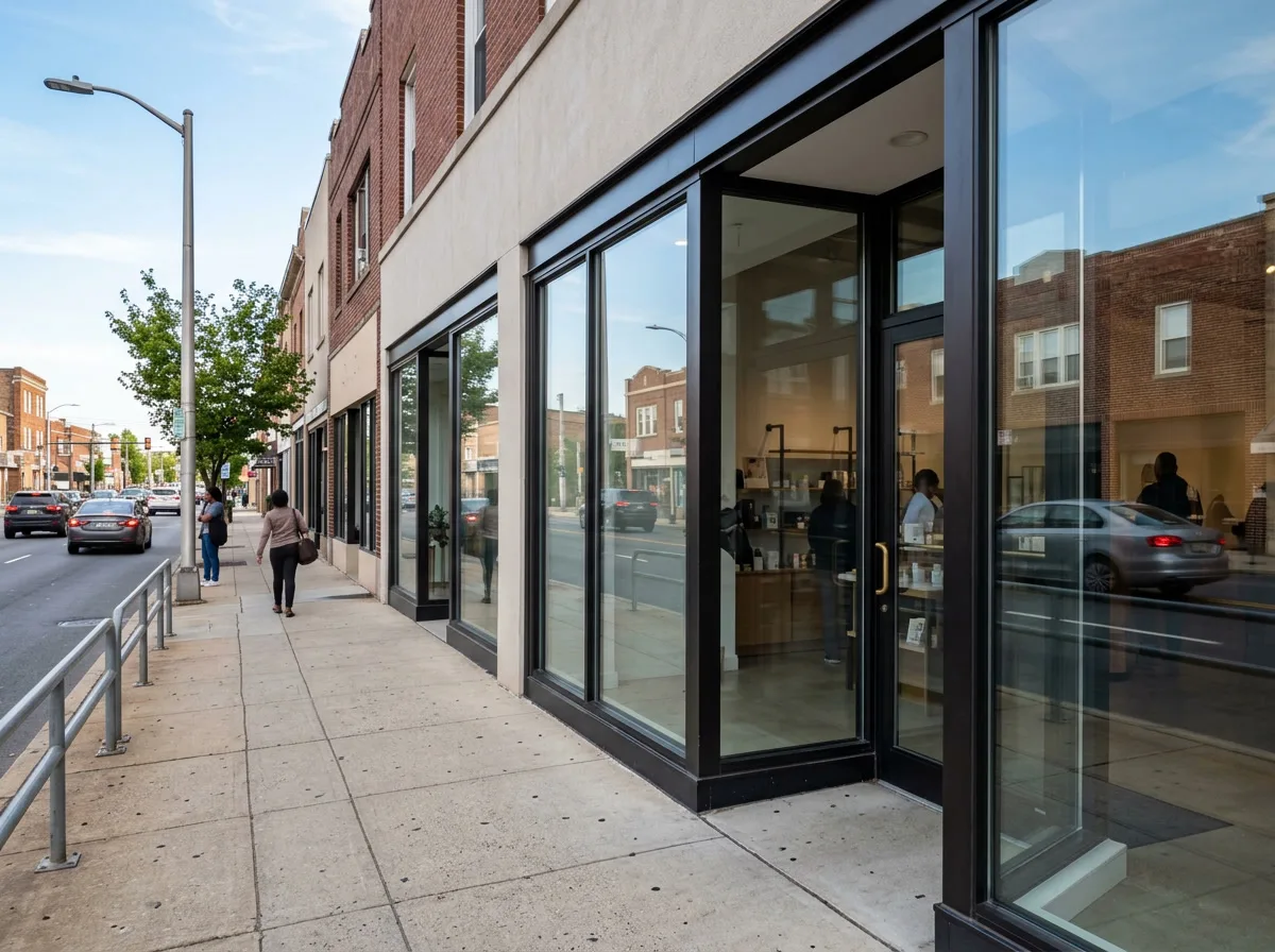 Clean unmarked storefront glass along 69th Street in Upper Darby protected by anti-graffiti window film