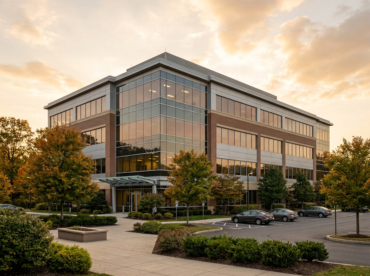 Solar control window film on a Delaware County commercial office building exterior near Upper Darby