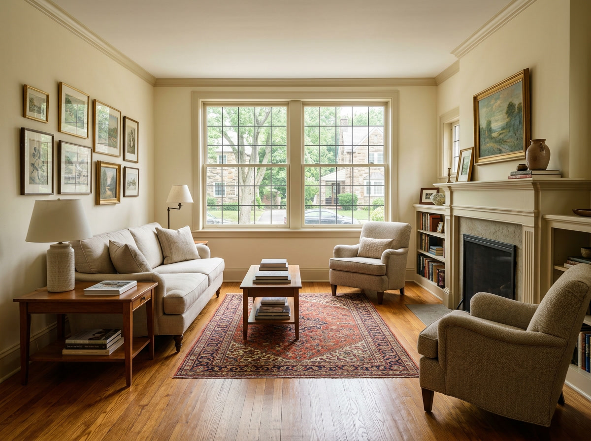 UV-blocking window film protecting hardwood floors and furnishings in an Upper Darby stone twin home