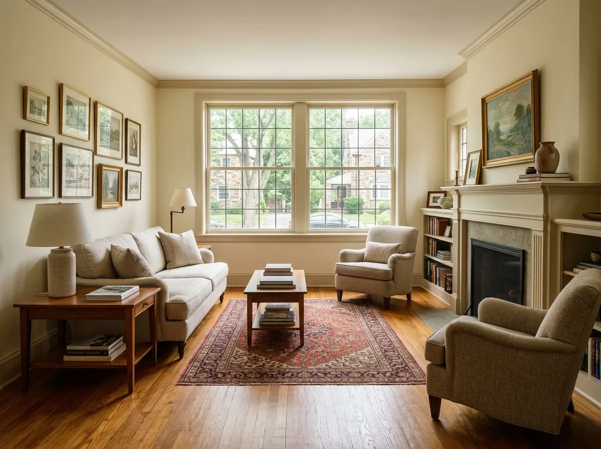 UV-blocking window film protecting hardwood floors and furnishings in an Upper Darby stone twin home