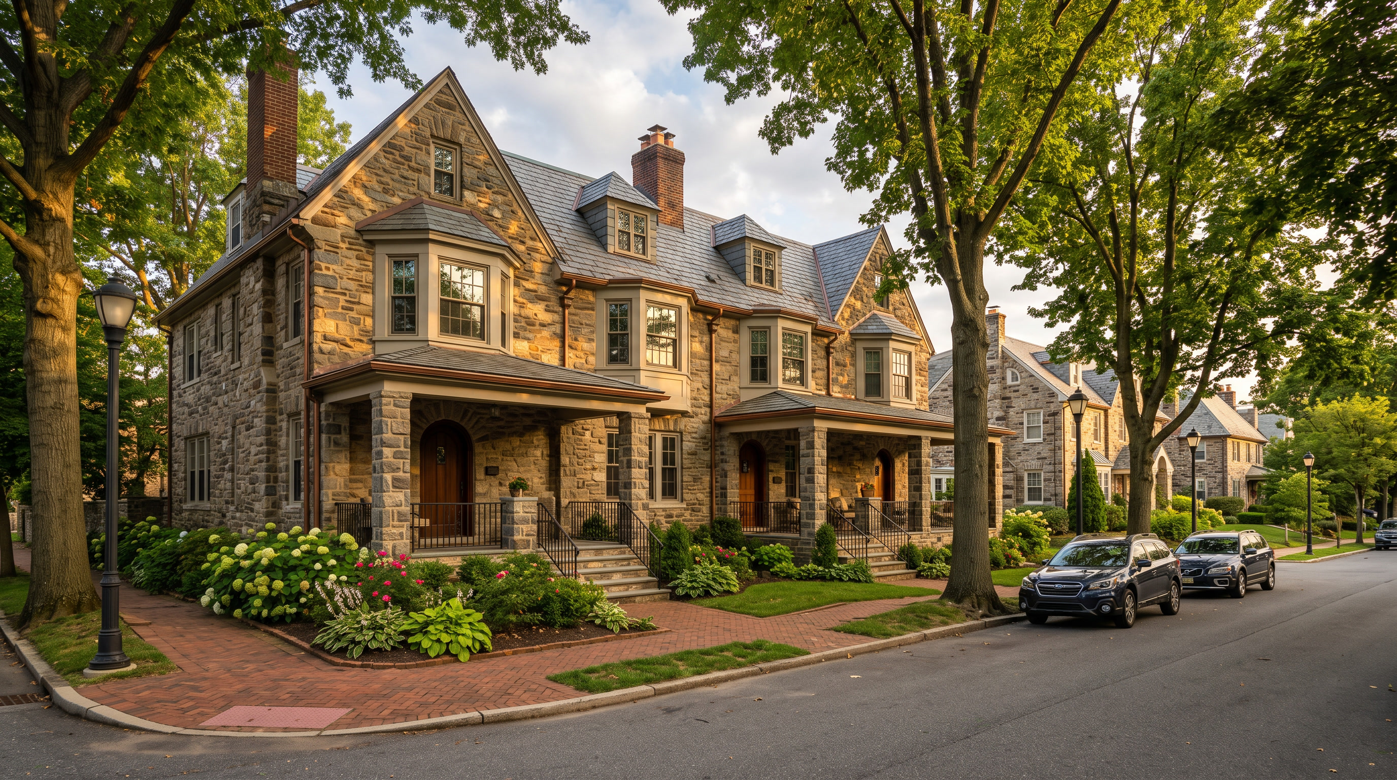 Twin stone homes and rowhouses in Upper Darby PA — solar control and security window film for Delaware County residential properties
