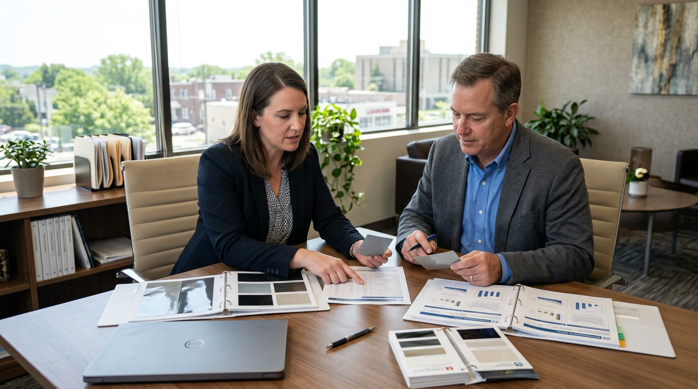 Window Film Philadelphia reviewing manufacturer window film spec sheets and performance data with an Upper Darby commercial client