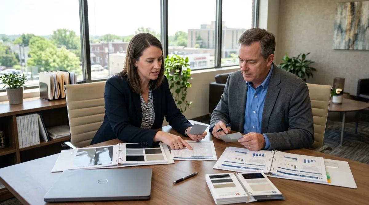 Window Film Philadelphia reviewing manufacturer window film spec sheets and performance data with an Upper Darby commercial client
