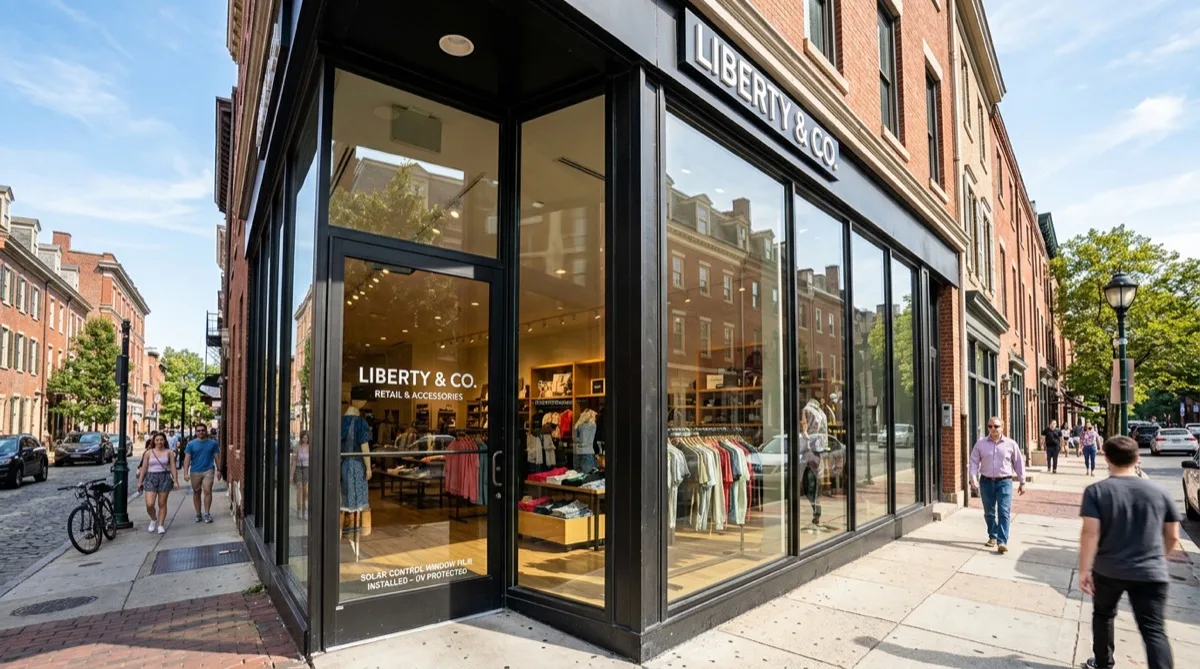 Window tinting with solar control film on Philadelphia retail storefront